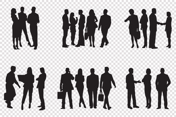 Silhouettes of diverse casual business people standing, walking, men, women full length. Business concept. Black monochrome Vector illustrations isolated on white background.
