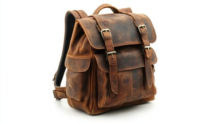 Elegant leather travel backpack with simple and classic design, perfect for urban explorers, isolate on white background