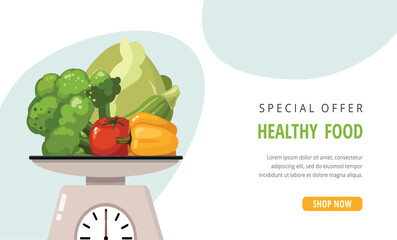 Fresh vegetables on Scales. Healthy eating and diet concept. Vector web banner, web page template.