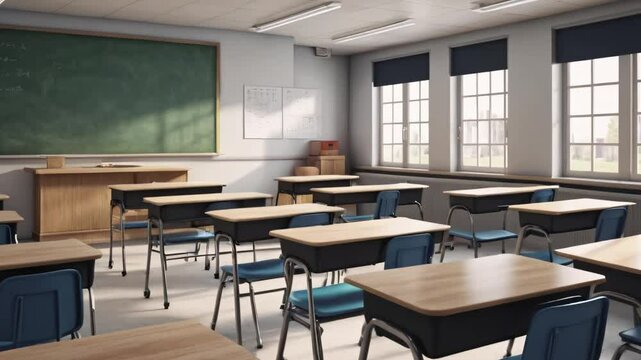 Empty classroom with chalkboard and rows of desks with chairs. Break at abandoned school college university indoor room. 4k video Slider shot footage