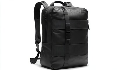 Naklejka premium Spacious backpack with padded laptop sleeve, front zip pocket, and ergonomic straps, isolate on white background