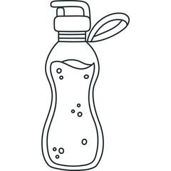 Lovely sketch plastic sport bottle full of water with bubbles. Cute hand drawn outline doodle of water container isolated on white background. Fitness equipment, healthy habits.