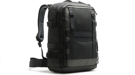 Compact travel backpack with water-resistant zippers, mesh side pockets, and sleek design, isolate on white background