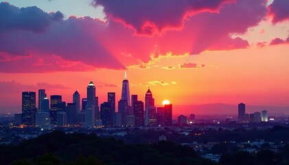 Fototapeta premium Cityscape of downtown Los Angeles with tall buildings against colorful sunset sky, evening, California, structures