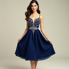 Fototapeta premium Classic A-line cocktail dress in navy blue adorned with shimmering rhinestones, chic, formal wear, outfit