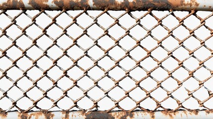Close-up of a rusty chain-link fence against a white background