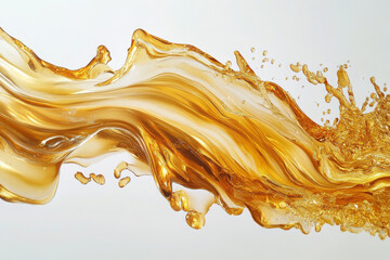 Fototapeta premium A dynamic splash of golden liquid mid-motion against a white background, showcasing fluidity and elegance in liquid dynamics