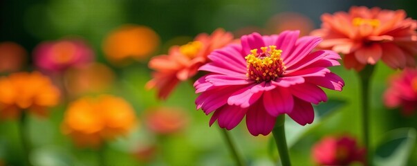 Obraz premium Close-up of beautiful zinnia flowers in a garden on a sunny day, garden, petals, zinnias