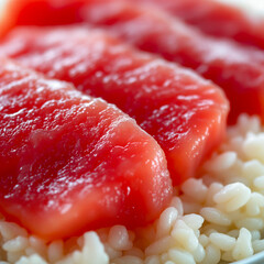 Obraz premium Macro shot of tuna sashimi draped over rice, with precise knife cuts visible, detailed texture of the fish and rice grains in crystal clarity