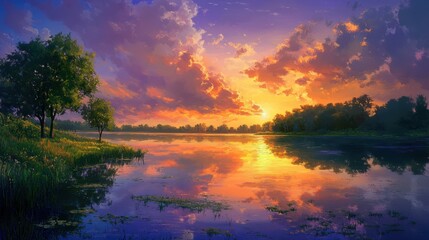 Obraz premium Serene lake reflects sunset sky. Forest behind. Ideal tranquil scenery wallpaper
