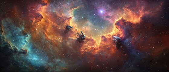 Dark metallic bio-organic spacecraft in vibrant nebula with swirling gas clouds, stars, and intense orange and teal hues