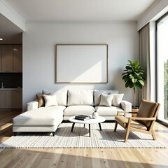 Elegant urban apartment lounge with white sofa and wooden armchairs, lifestyle, clean, luxury