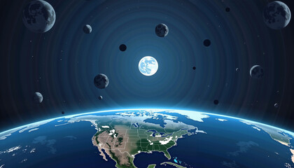 Earth and Moon Surrounded by Asteroids in Space, Earth Day 