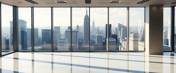 Fototapeta na wymiar Empty modern office overlooking cityscape, suggesting real estate investment, home, transaction