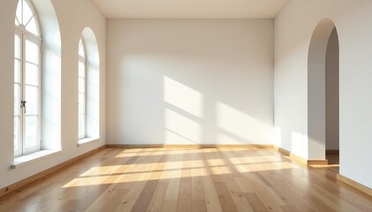Empty room with wooden floors and large arched windows in minimalist style, clean, bright, symmetry