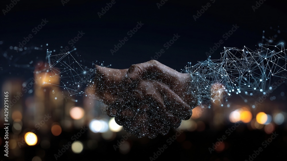 Poster tech handshake with ai and blockchain visual elements at night