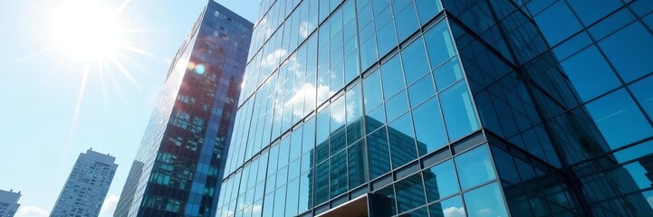 Exterior of a high-rise office building with a reflective glass facade and minimalistic design, reflective, urban, high-rise