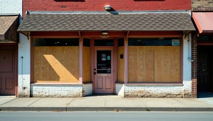 Naklejka premium Exterior of a neglected commercial property with boarded up windows and no signs of life, commercial, decay, property