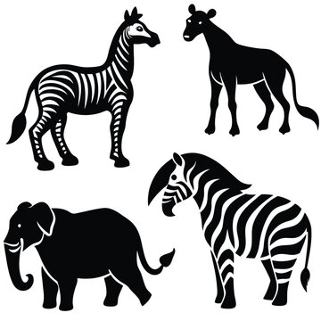 6 animal silhouettes in various poses a tiger, elephant, eagle, dolphin, giraffe, and zebra 