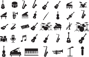 Musical instruments black silhouette vector icon collection set on white background