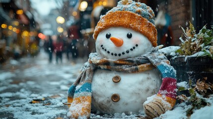 Obraz premium A snowman built on a city sidewalk, with children's mittens and scarves used as decorations, blending urban life with winter magic