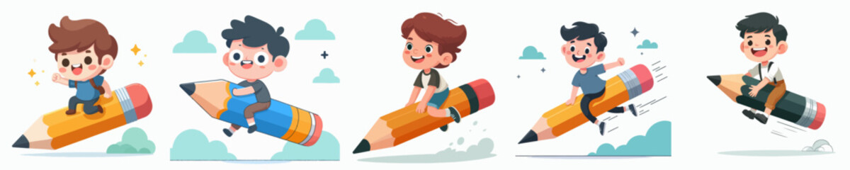 vector set of happy kids riding on pencils