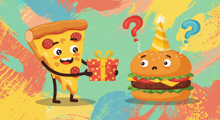 Fototapeta premium Happy Pizza Slice Giving Gift to Curious Birthday Burger on Colorful Background