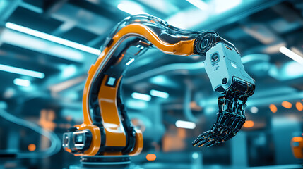 A robot with a claw is in a room with lights on