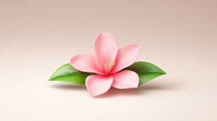 Obraz premium Softly illuminated pink flower with lush green leaves on light background pink