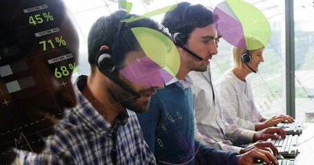 Call center agents handling queries in business office, showing floating pie charts and percentages - Powered by Adobe