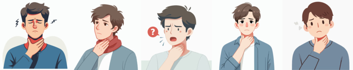 young man with sore throat vector set