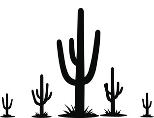 Silhouettes of multiple cacti on desert ground vector