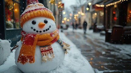Obraz premium A snowman built on a city sidewalk, with children's mittens and scarves used as decorations, blending urban life with winter magic