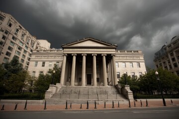 Fototapeta premium Dramatic Skies Over Historical Building with Columns and Steps