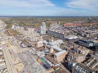 Aerial drone photo of the famous hotel in Scheveningen in the Netherlands.
