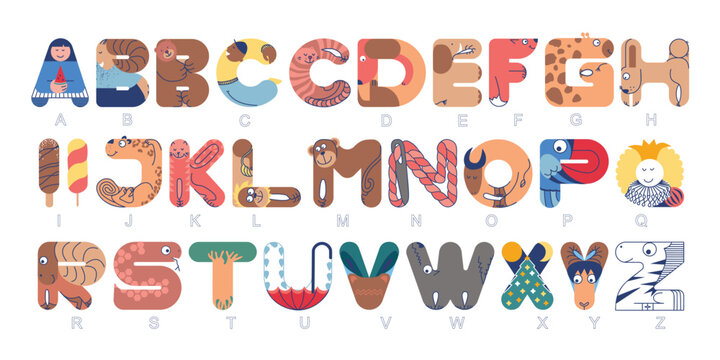 Letters. Alphabet. ABC for kids. Fun Font. English learning. Creative Alphabetical order. Language arts.  Worksheet at school, home. Sketch vector illustration