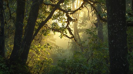 Fototapeta premium Sunlight filtering through dense forest with moss-covered branches and mist in a lush green environment