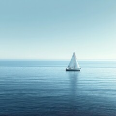 Fototapeta premium Single white sailboat on calm blue ocean under pale sky with subtle ripples