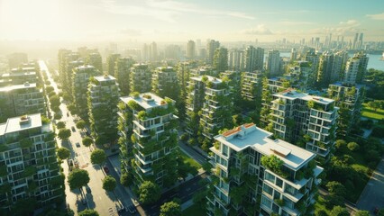 Obraz premium A futuristic cityscape with high-rise buildings covered in lush greenery. The streets are lined with trees, and vehicles navigate the urban environment. A larger city and body of water appear 