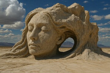 Obraz premium Surreal stone sculpture of a woman’s face with long hair flowing into rocky terrain, carved into a natural cliff under a cloudy sky. Conceptual fusion of human form and landscape.