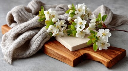 Wooden board with white blossoms, cloth, and stone on neutral surface