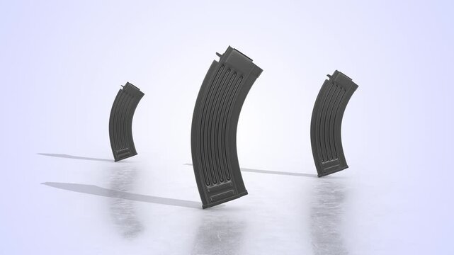 Firearm Magazines on a Light Reflective Floor. Gun Magazines 3D Animation. 4K