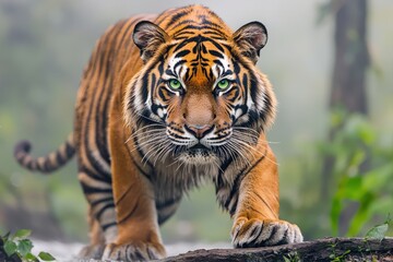 Fototapeta premium A powerful tiger prowls through a misty forest, showcasing its striking orange and black stripes and intense green eyes.