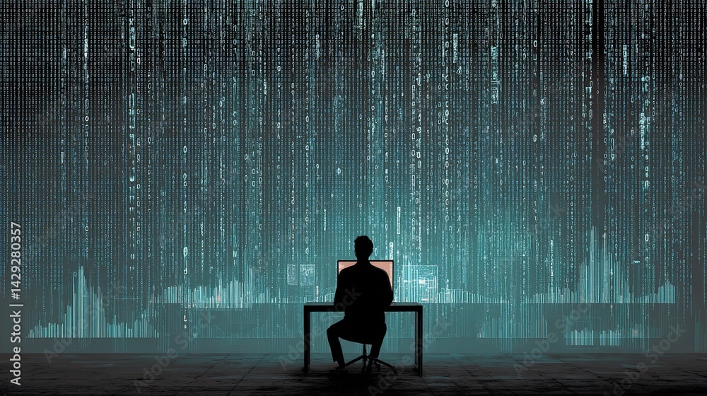 Poster professional working on computer surrounded by glowing data stream