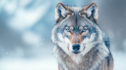 A majestic wolf with striking blue eyes stands against a soft, snowy backdrop, showcasing its fierce yet elegant presence in a tranquil winter scene.
