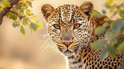 Naklejka premium A close-up of a leopard amid foliage, showcasing its striking features and vivid coat against a soft, blurred background.