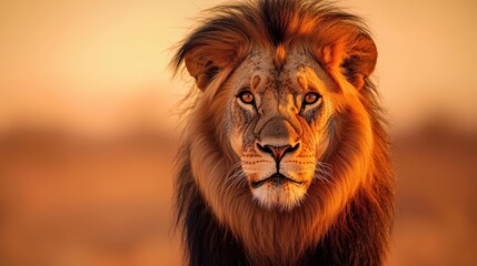 Fototapeta premium A majestic lion stares directly at the viewer, showcasing its vibrant mane against a warm, golden background, embodying strength and beauty.