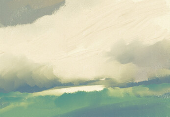 Impressionistic Misty, Foggy Cloud Over Lake-Digital Painting, Illustration, Design, Art in Sage Green, Gray, Yellow, 
