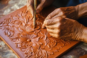 Aged hands meticulously sculpt floral designs into terracotta clay, showcasing artistry and craftsmanship.
