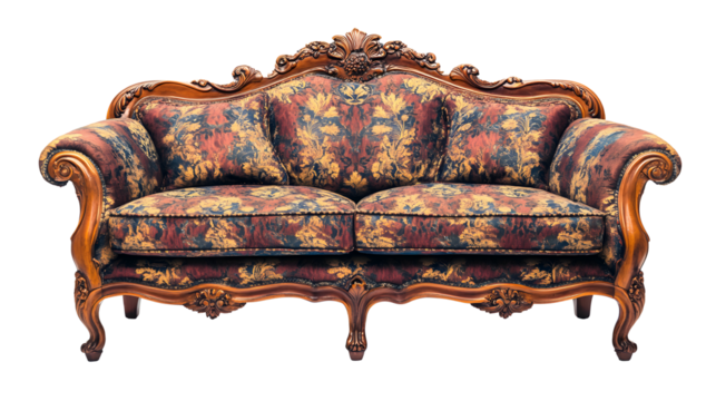 A large, ornate couch with a floral pattern